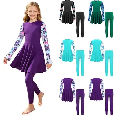 UK 2Pcs Girls Full Body Swimsuit Modest Swimwear Rash Guard UPF50+ Bathing Suit