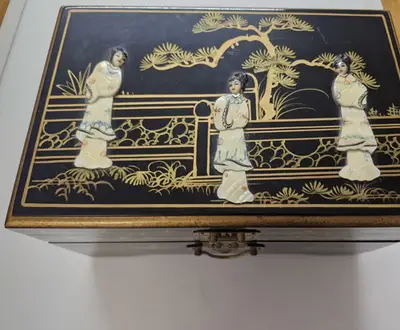 Black Lacquer Chinese Jewelry Box w/ Drawer and Mirror